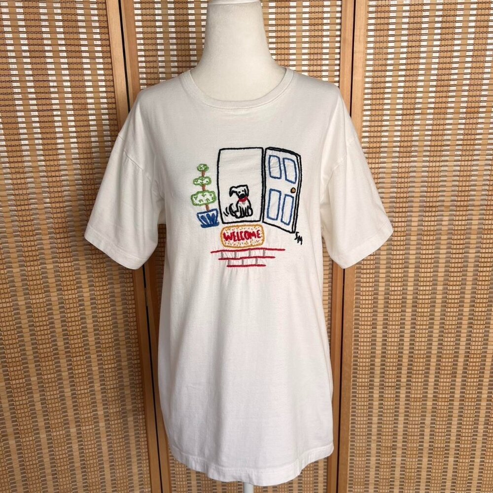 Vintage 90s Swan Magic white embroidered dog welcome mat 100% cotton tshirt